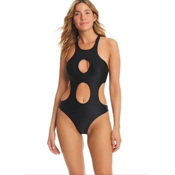 Red Carter Shine Solids Cutout Skimpy Fit One-Piece Swimsuit Women's Large NWT B - Picture 1 of 5